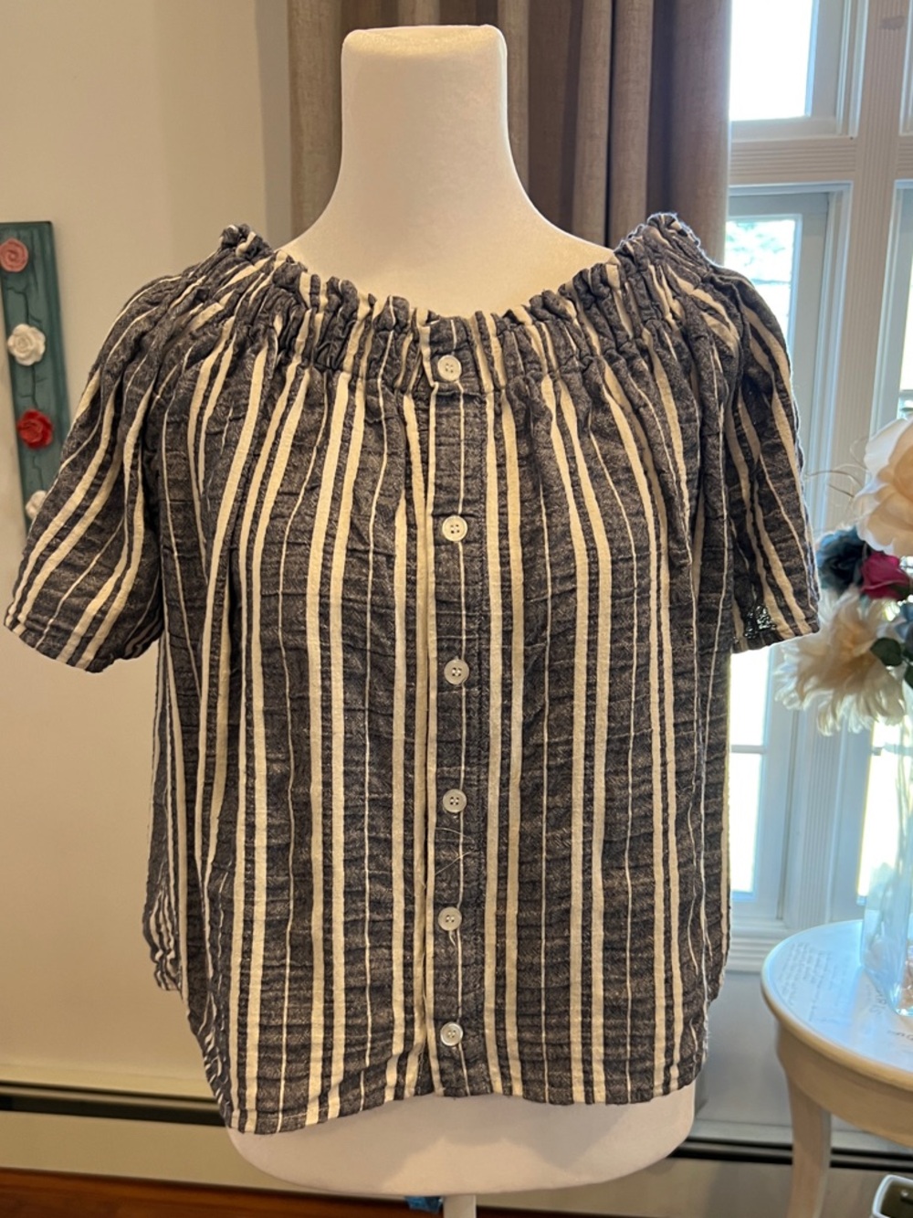 Gab & Kate Button-Front Off-Shoulder Striped Top in Navy and White